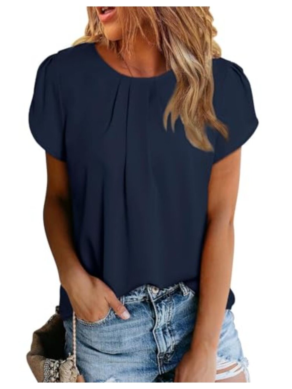 Women's Pleated Chiffon Blouse Short Sleeve Keyhole Back Dressy Tunic Top